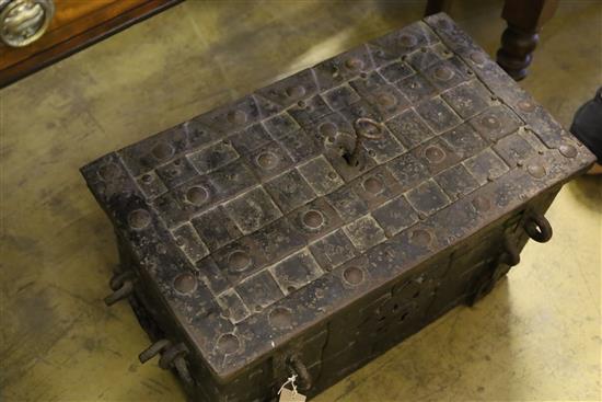 An 18th century iron Armada chest with loop handles and original key, W.72cm, D.40cm, H.36cm